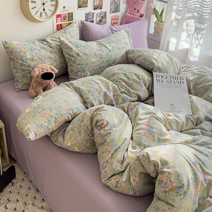 91家纺网 家纺一手货源 找家纺 韩巢家纺 2025新款水洗棉印花被套床单四件套学生宿舍床上三件套 -提供卖家秀 丝带飞飞兔