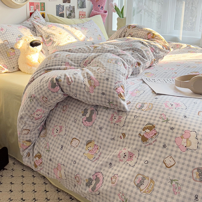 91家纺网 家纺一手货源 找家纺 韩巢家纺 2025新款水洗棉印花被套床单四件套学生宿舍床上三件套 -提供卖家秀 狗狗可丽饼