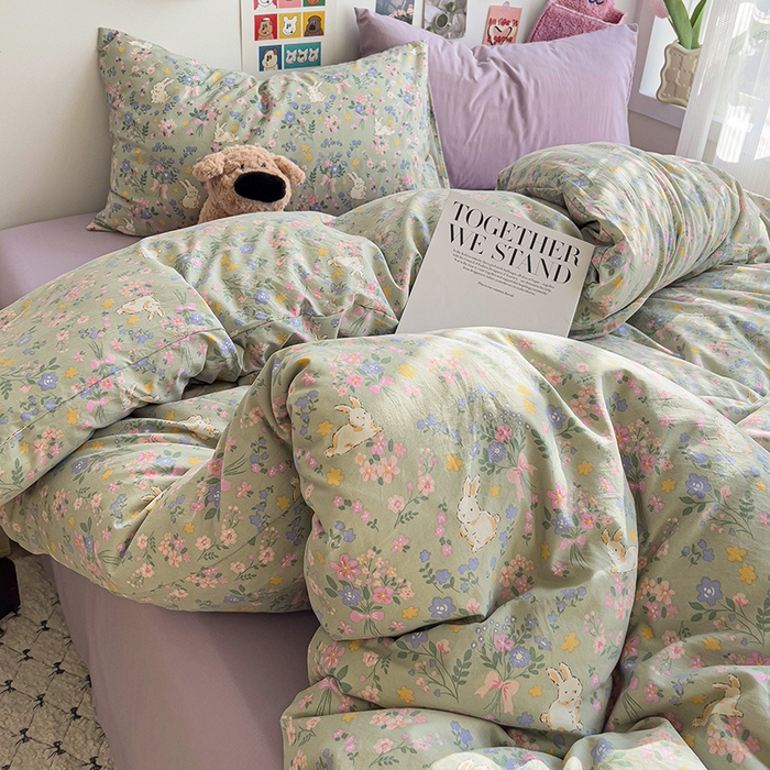 91家纺网 家纺一手货源 找家纺 韩巢家纺 2025新款水洗棉印花被套床单四件套学生宿舍床上三件套 -提供卖家秀 丝带飞飞兔