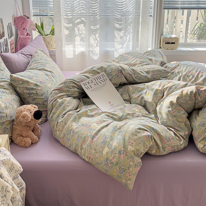 91家纺网 家纺一手货源 找家纺 韩巢家纺 2025新款水洗棉印花被套床单四件套学生宿舍床上三件套 -提供卖家秀 丝带飞飞兔