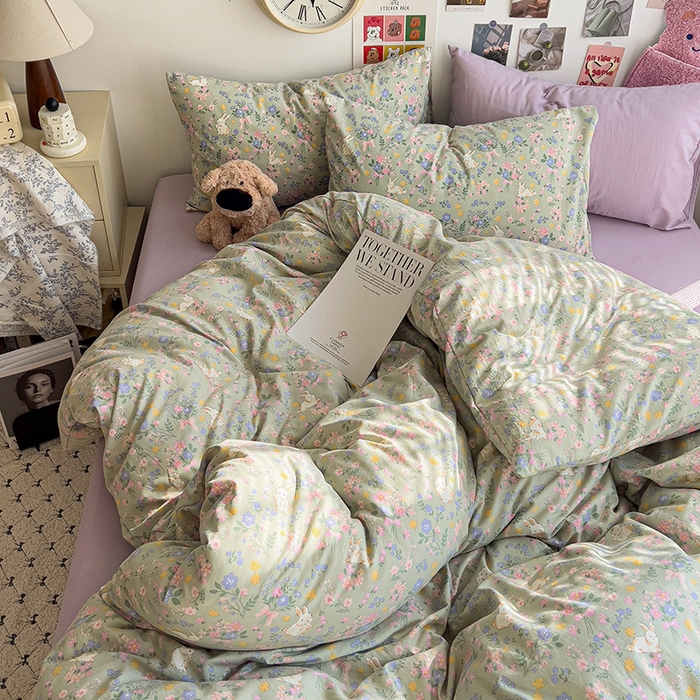 91家纺网 家纺一手货源 找家纺 韩巢家纺 2025新款水洗棉印花被套床单四件套学生宿舍床上三件套 -提供卖家秀 丝带飞飞兔