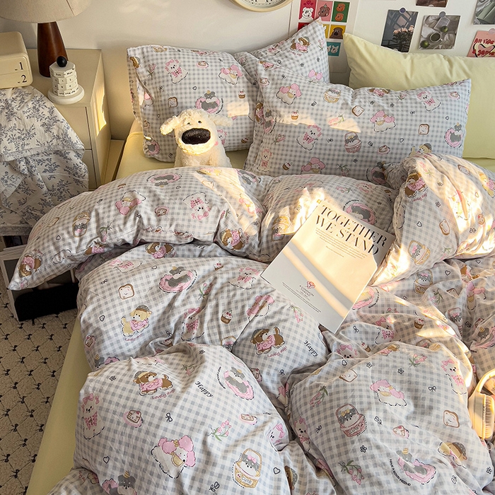 91家纺网 家纺一手货源 找家纺 韩巢家纺 2025新款水洗棉印花被套床单四件套学生宿舍床上三件套 -提供卖家秀 狗狗可丽饼