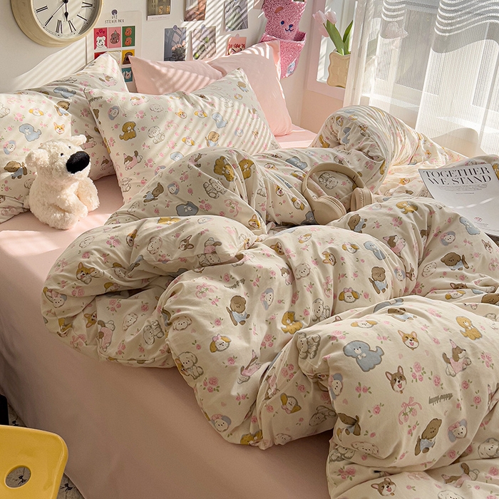 91家纺网 家纺一手货源 找家纺 韩巢家纺 2025新款水洗棉印花被套床单四件套学生宿舍床上三件套 -提供卖家秀 灰蒙小狗