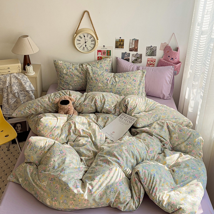 91家纺网 家纺一手货源 找家纺 韩巢家纺 2025新款水洗棉印花被套床单四件套学生宿舍床上三件套 -提供卖家秀 丝带飞飞兔