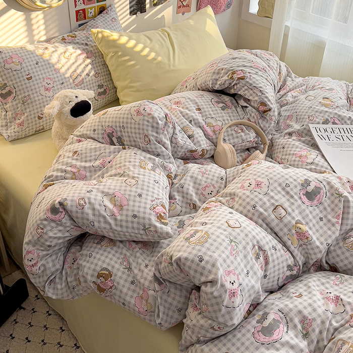 韩巢家纺 2025新款水洗棉印花被套床单四件套学生宿舍床上三件套 -提供卖家秀 狗狗可丽饼