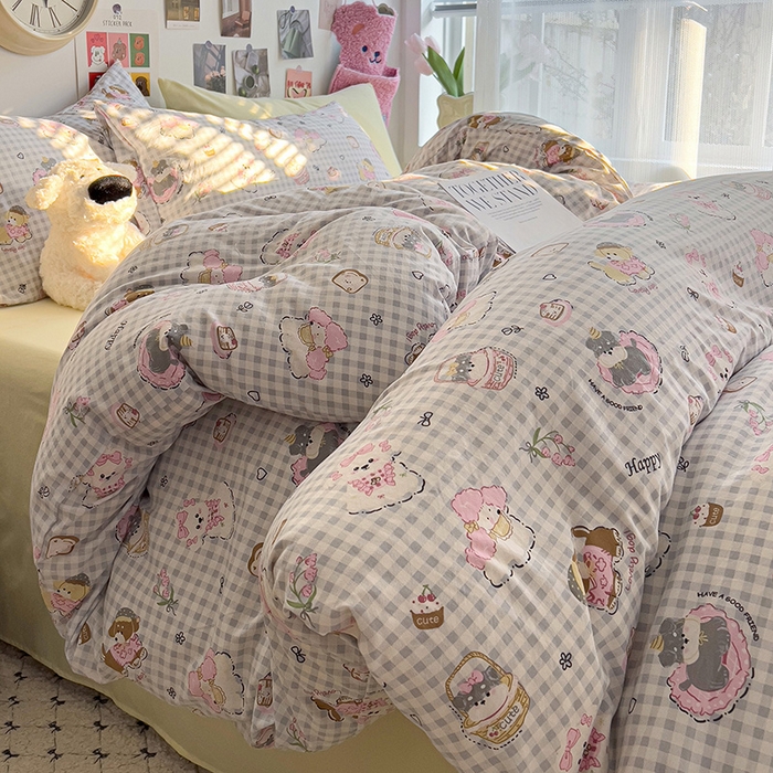 91家纺网 家纺一手货源 找家纺 韩巢家纺 2025新款水洗棉印花被套床单四件套学生宿舍床上三件套 -提供卖家秀 狗狗可丽饼