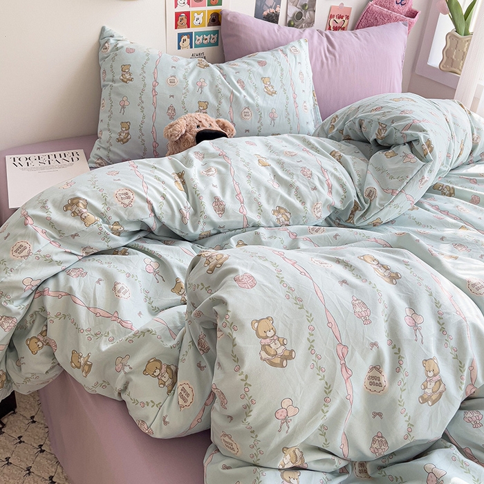 91家纺网 家纺一手货源 找家纺 韩巢家纺 2025新款水洗棉印花被套床单四件套学生宿舍床上三件套 -提供卖家秀 礼物小熊