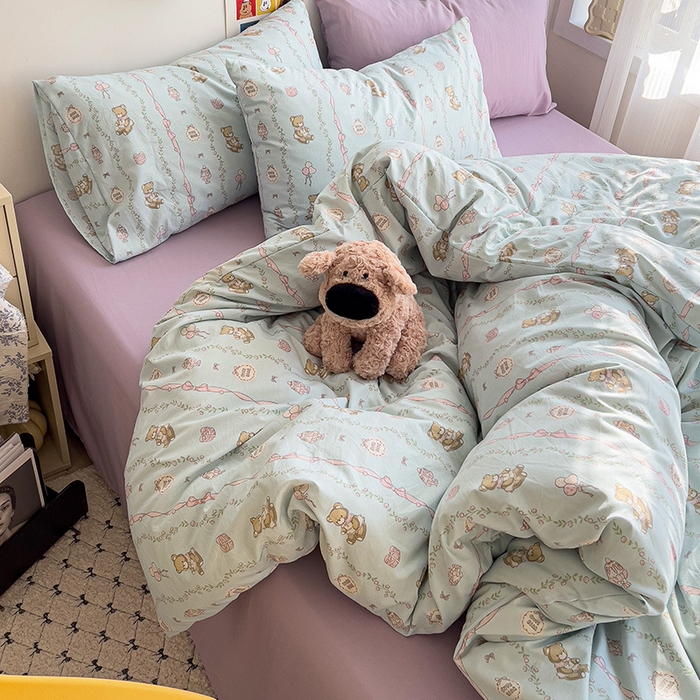 91家纺网 家纺一手货源 找家纺 韩巢家纺 2025新款水洗棉印花被套床单四件套学生宿舍床上三件套 -提供卖家秀 礼物小熊