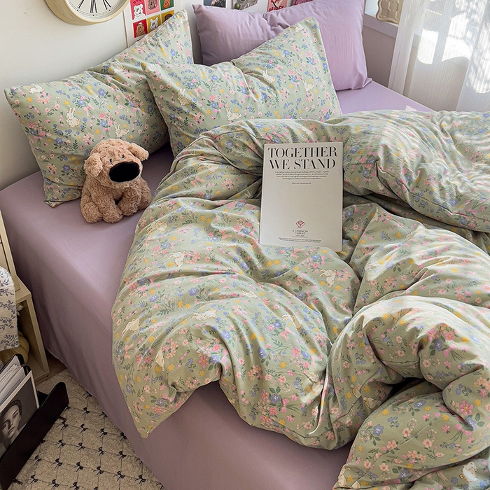 91家纺网 家纺一手货源 找家纺 韩巢家纺 2025新款水洗棉印花被套床单四件套学生宿舍床上三件套 -提供卖家秀 丝带飞飞兔