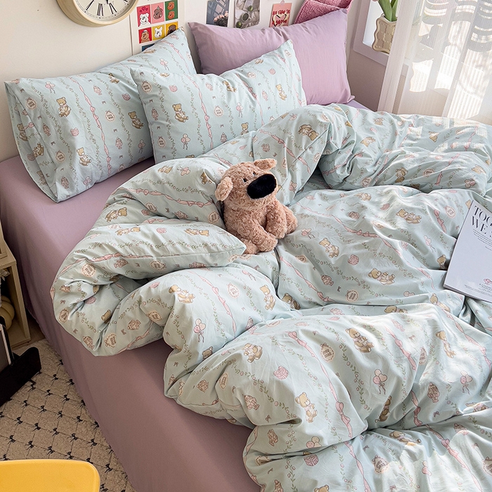 91家纺网 家纺一手货源 找家纺 韩巢家纺 2025新款水洗棉印花被套床单四件套学生宿舍床上三件套 -提供卖家秀 礼物小熊