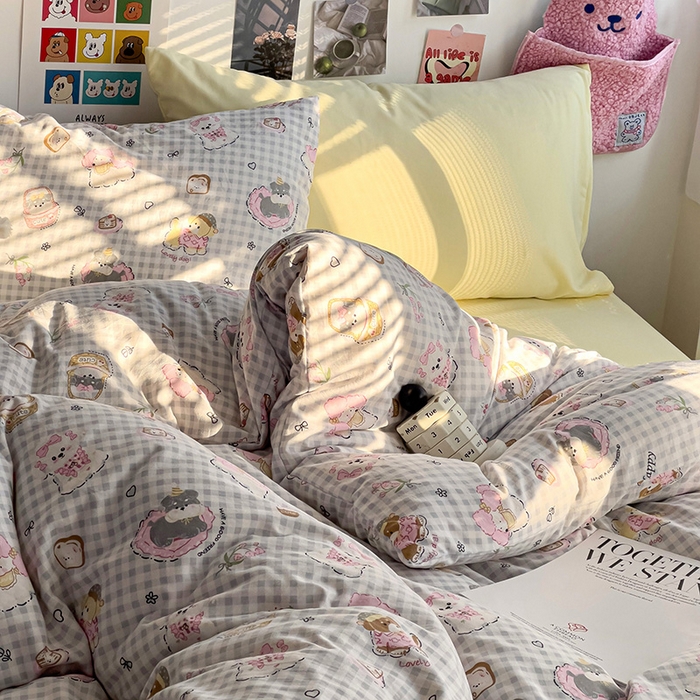 91家纺网 家纺一手货源 找家纺 韩巢家纺 2025新款水洗棉印花被套床单四件套学生宿舍床上三件套 -提供卖家秀 狗狗可丽饼