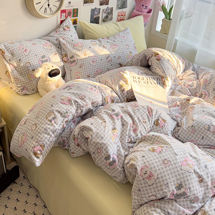 91家纺网 家纺一手货源 找家纺 韩巢家纺 2025新款水洗棉印花被套床单四件套学生宿舍床上三件套 -提供卖家秀 狗狗可丽饼