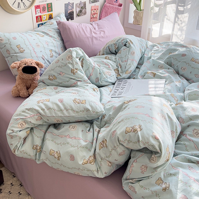 91家纺网 家纺一手货源 找家纺 韩巢家纺 2025新款水洗棉印花被套床单四件套学生宿舍床上三件套 -提供卖家秀 礼物小熊