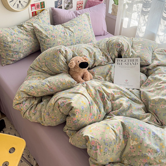 91家纺网 家纺一手货源 找家纺 韩巢家纺 2025新款水洗棉印花被套床单四件套学生宿舍床上三件套 -提供卖家秀 丝带飞飞兔