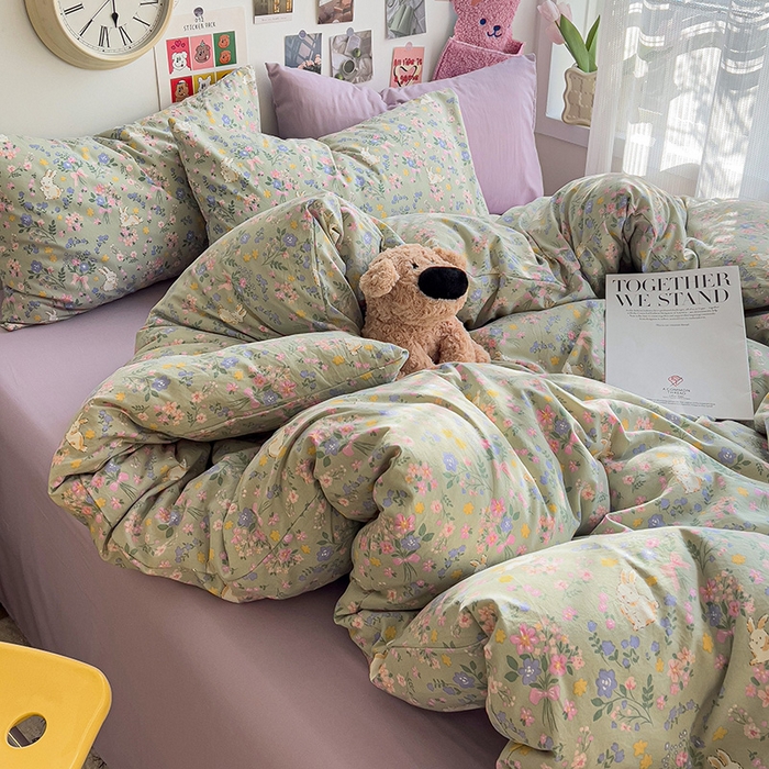 91家纺网 家纺一手货源 找家纺 韩巢家纺 2025新款水洗棉印花被套床单四件套学生宿舍床上三件套 -提供卖家秀 丝带飞飞兔