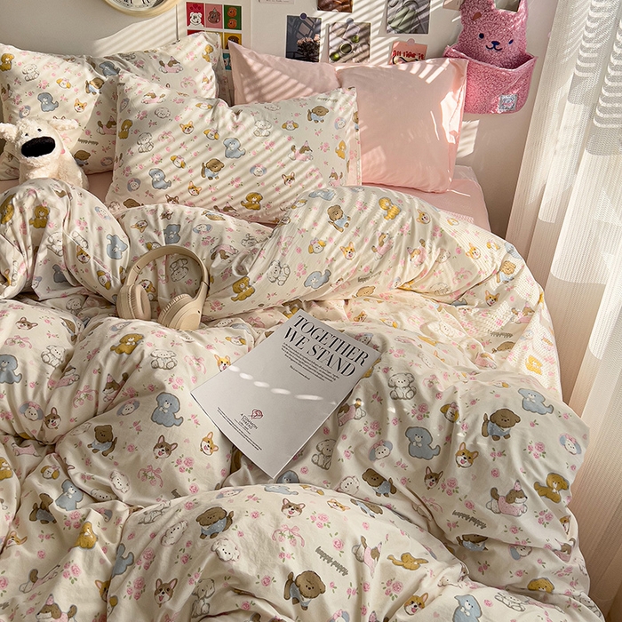 91家纺网 家纺一手货源 找家纺 韩巢家纺 2025新款水洗棉印花被套床单四件套学生宿舍床上三件套 -提供卖家秀 灰蒙小狗