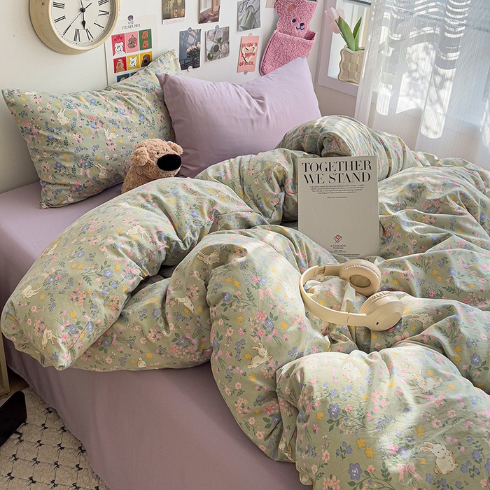 91家纺网 家纺一手货源 找家纺 韩巢家纺 2025新款水洗棉印花被套床单四件套学生宿舍床上三件套 -提供卖家秀 丝带飞飞兔