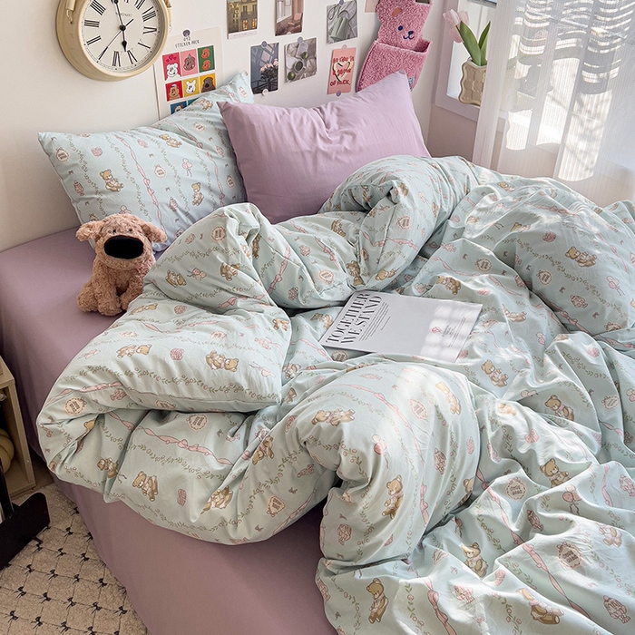 韩巢家纺 2025新款水洗棉印花被套床单四件套学生宿舍床上三件套 -提供卖家秀 礼物小熊