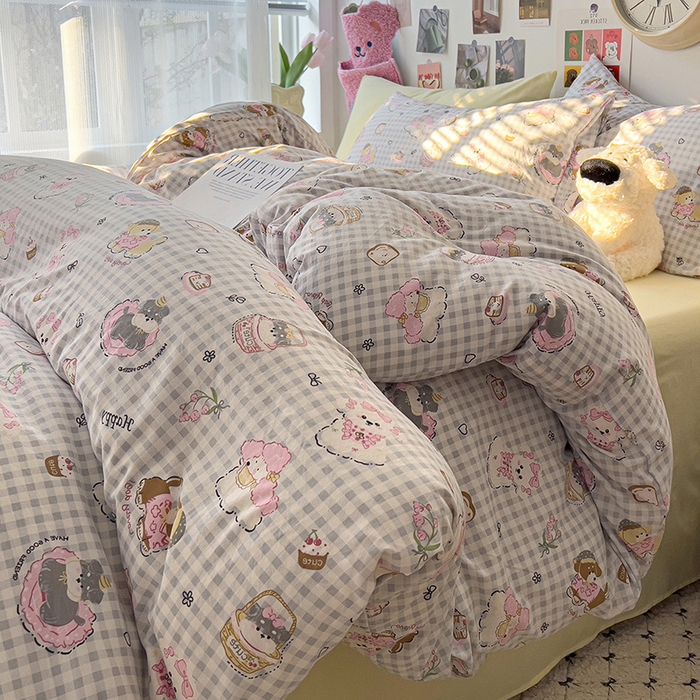 91家纺网 家纺一手货源 找家纺 韩巢家纺 2025新款水洗棉印花被套床单四件套学生宿舍床上三件套 -提供卖家秀 狗狗可丽饼