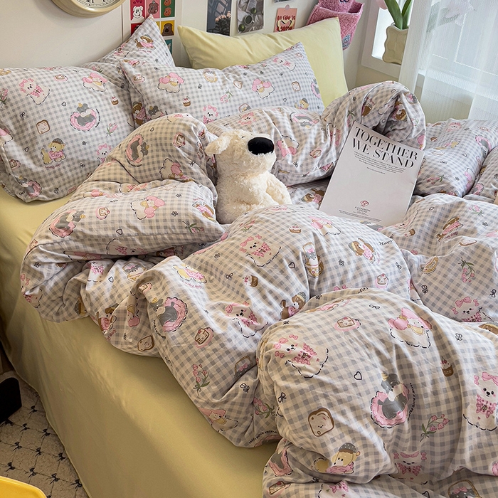 91家纺网 家纺一手货源 找家纺 韩巢家纺 2025新款水洗棉印花被套床单四件套学生宿舍床上三件套 -提供卖家秀 狗狗可丽饼