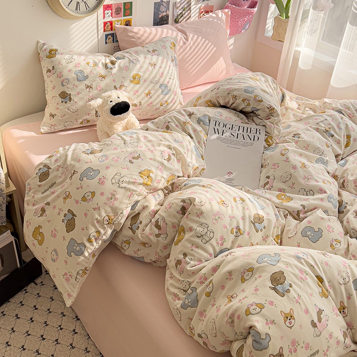 91家纺网 家纺一手货源 找家纺 韩巢家纺 2025新款水洗棉印花被套床单四件套学生宿舍床上三件套 -提供卖家秀 灰蒙小狗