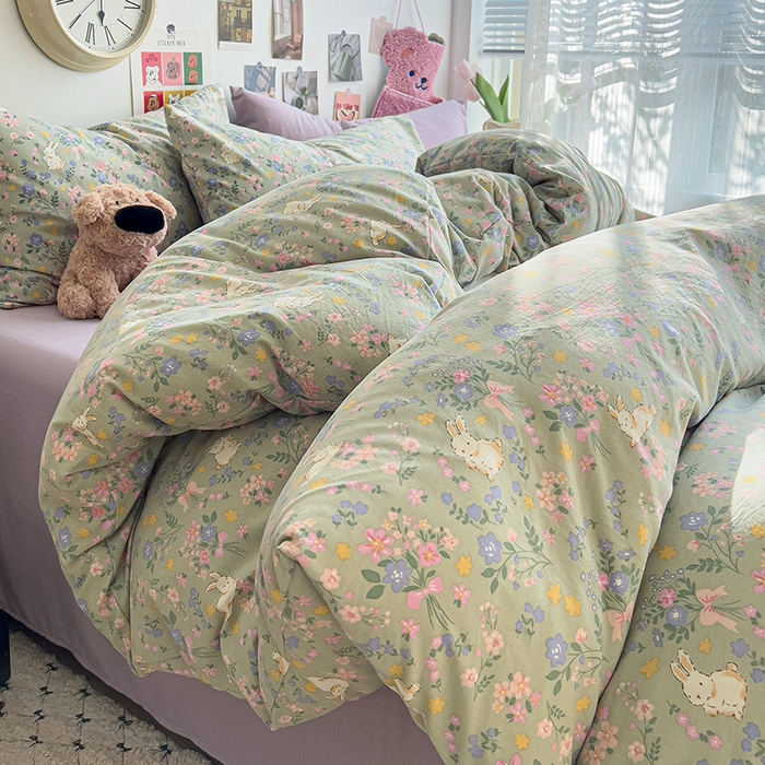 91家纺网 家纺一手货源 找家纺 韩巢家纺 2025新款水洗棉印花被套床单四件套学生宿舍床上三件套 -提供卖家秀 丝带飞飞兔