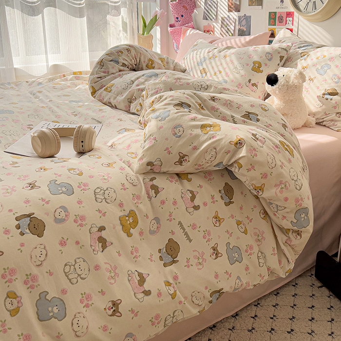 91家纺网 家纺一手货源 找家纺 韩巢家纺 2025新款水洗棉印花被套床单四件套学生宿舍床上三件套 -提供卖家秀 灰蒙小狗