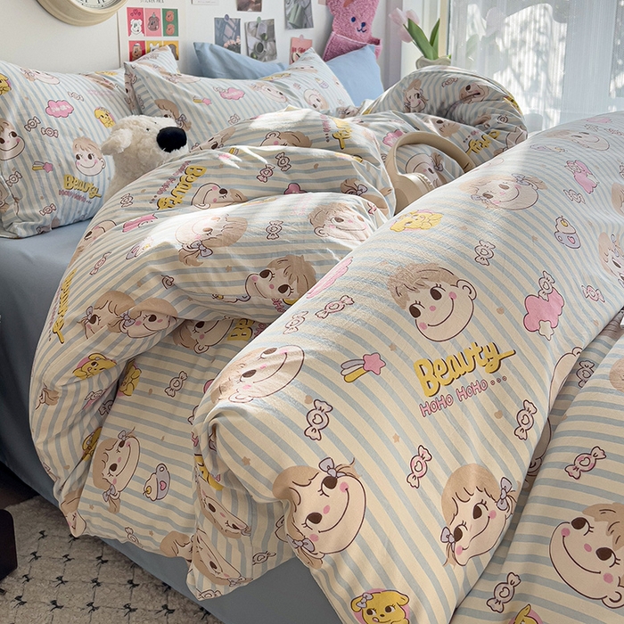 91家纺网 家纺一手货源 找家纺 韩巢家纺 2025新款水洗棉印花被套床单四件套学生宿舍床上三件套 -提供卖家秀 糖小佳