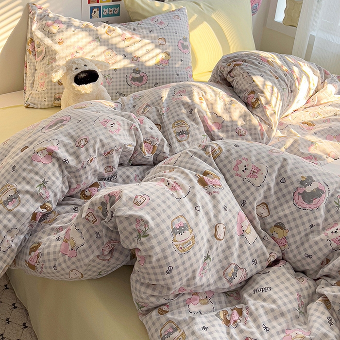 91家纺网 家纺一手货源 找家纺 韩巢家纺 2025新款水洗棉印花被套床单四件套学生宿舍床上三件套 -提供卖家秀 狗狗可丽饼