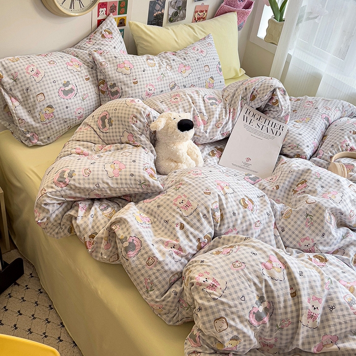 91家纺网 家纺一手货源 找家纺 韩巢家纺 2025新款水洗棉印花被套床单四件套学生宿舍床上三件套 -提供卖家秀 狗狗可丽饼