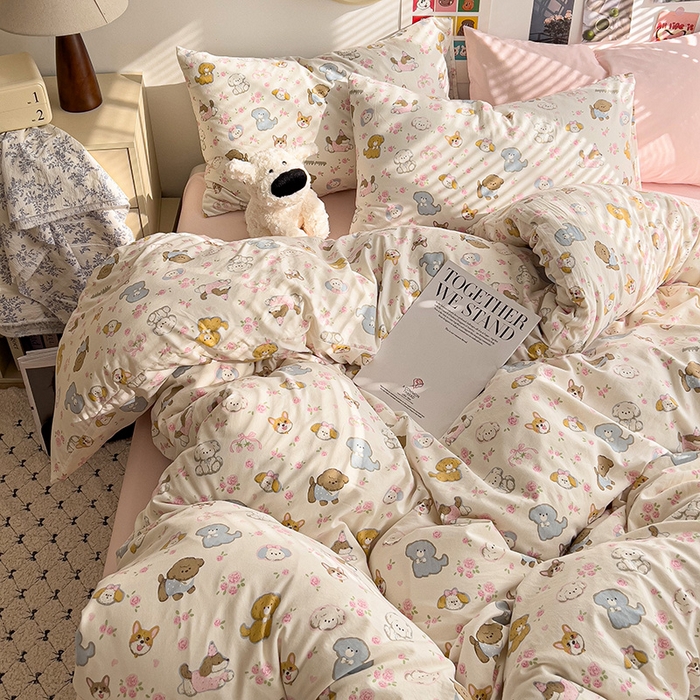 91家纺网 家纺一手货源 找家纺 韩巢家纺 2025新款水洗棉印花被套床单四件套学生宿舍床上三件套 -提供卖家秀 灰蒙小狗