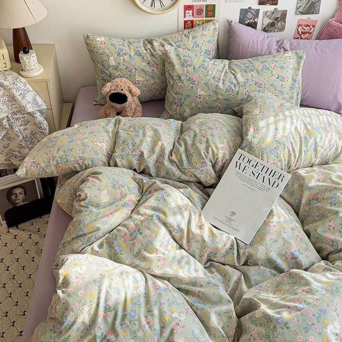 91家纺网 家纺一手货源 找家纺 韩巢家纺 2025新款水洗棉印花被套床单四件套学生宿舍床上三件套 -提供卖家秀 丝带飞飞兔