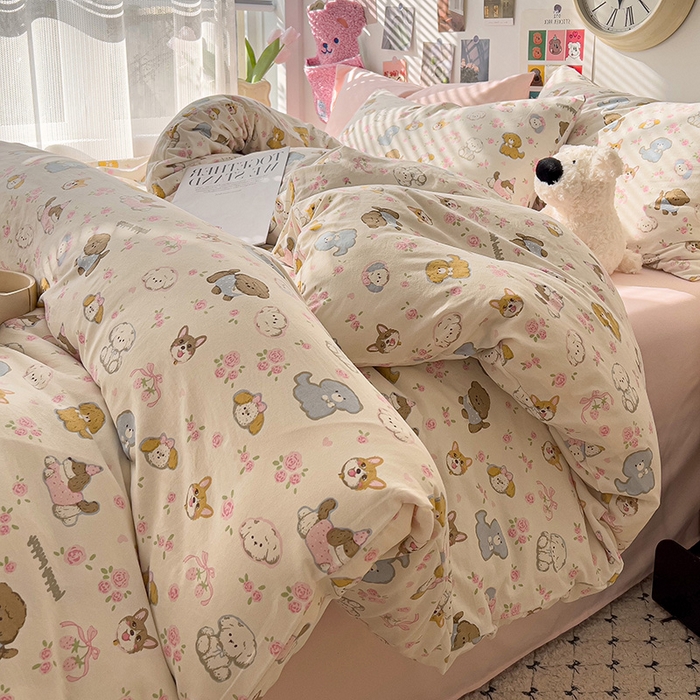 91家纺网 家纺一手货源 找家纺 韩巢家纺 2025新款水洗棉印花被套床单四件套学生宿舍床上三件套 -提供卖家秀 灰蒙小狗