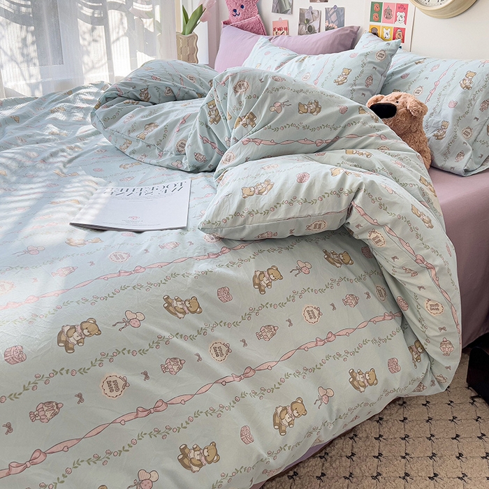 91家纺网 家纺一手货源 找家纺 韩巢家纺 2025新款水洗棉印花被套床单四件套学生宿舍床上三件套 -提供卖家秀 礼物小熊