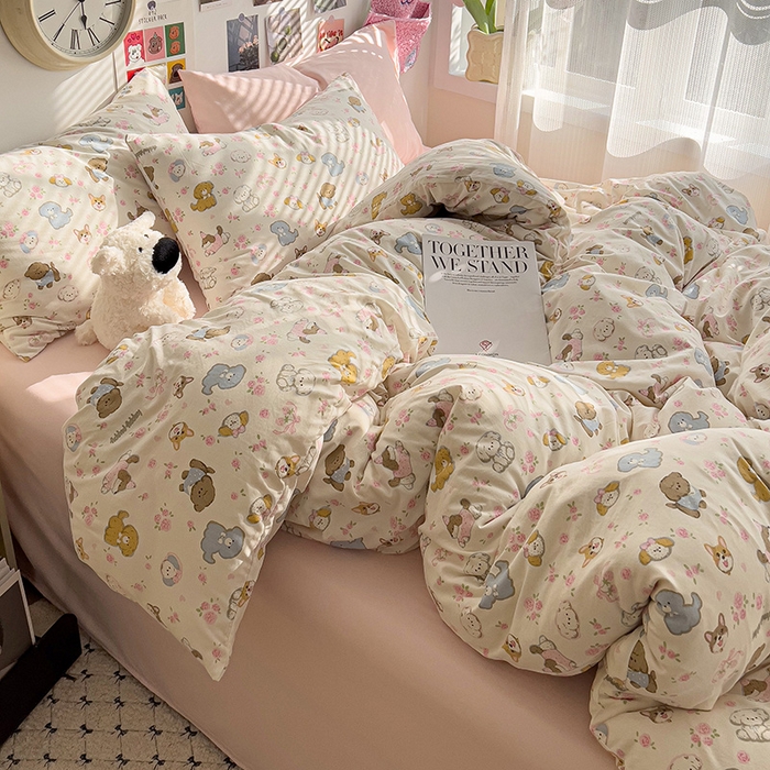 91家纺网 家纺一手货源 找家纺 韩巢家纺 2025新款水洗棉印花被套床单四件套学生宿舍床上三件套 -提供卖家秀 灰蒙小狗