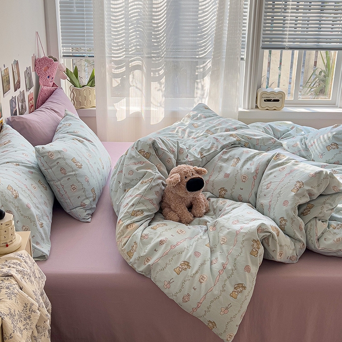 91家纺网 家纺一手货源 找家纺 韩巢家纺 2025新款水洗棉印花被套床单四件套学生宿舍床上三件套 -提供卖家秀 礼物小熊