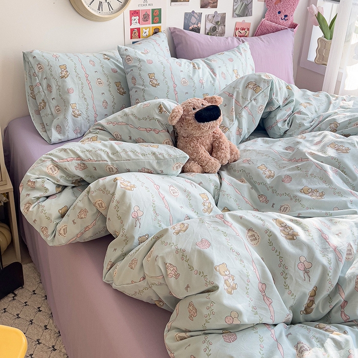 91家纺网 家纺一手货源 找家纺 韩巢家纺 2025新款水洗棉印花被套床单四件套学生宿舍床上三件套 -提供卖家秀 礼物小熊