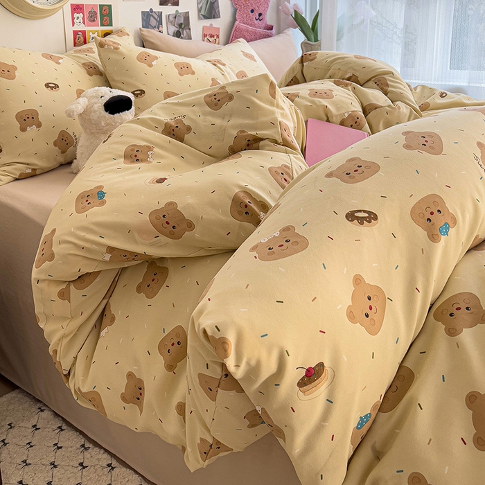 91家纺网 家纺一手货源 找家纺 韩巢家纺 2025新款水洗棉印花被套床单四件套学生宿舍床上三件套 -提供卖家秀 奥利奥小熊