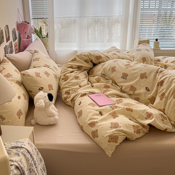 91家纺网 家纺一手货源 找家纺 韩巢家纺 2025新款水洗棉印花被套床单四件套学生宿舍床上三件套 -提供卖家秀 奥利奥小熊