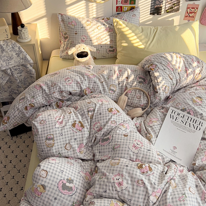 91家纺网 家纺一手货源 找家纺 韩巢家纺 2025新款水洗棉印花被套床单四件套学生宿舍床上三件套 -提供卖家秀 狗狗可丽饼