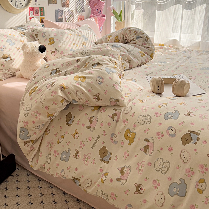 91家纺网 家纺一手货源 找家纺 韩巢家纺 2025新款水洗棉印花被套床单四件套学生宿舍床上三件套 -提供卖家秀 灰蒙小狗