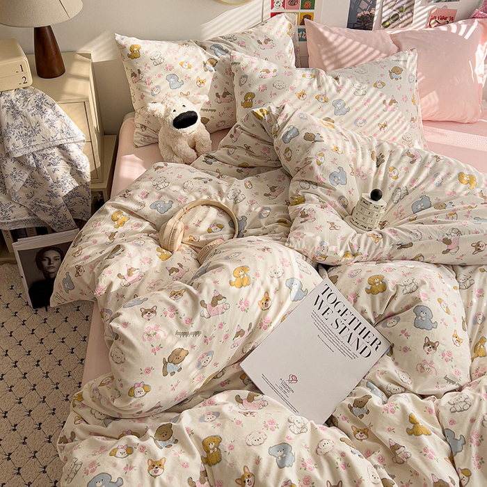 91家纺网 家纺一手货源 找家纺 韩巢家纺 2025新款水洗棉印花被套床单四件套学生宿舍床上三件套 -提供卖家秀 灰蒙小狗