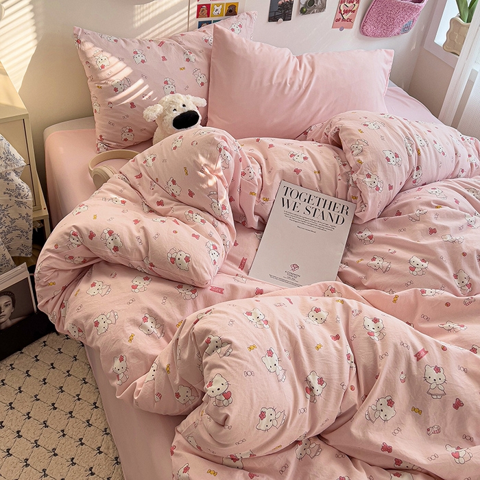 91家纺网 家纺一手货源 找家纺 韩巢家纺 2025新款水洗棉印花被套床单四件套学生宿舍床上三件套 -提供卖家秀 糖果KT