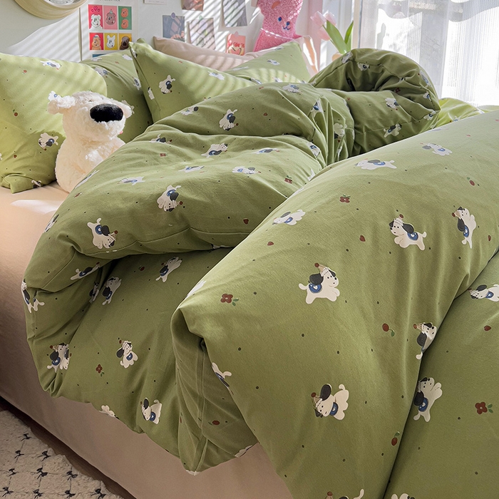 91家纺网 家纺一手货源 找家纺 韩巢家纺 2025新款水洗棉印花被套床单四件套学生宿舍床上三件套 -提供卖家秀 一只绿狗