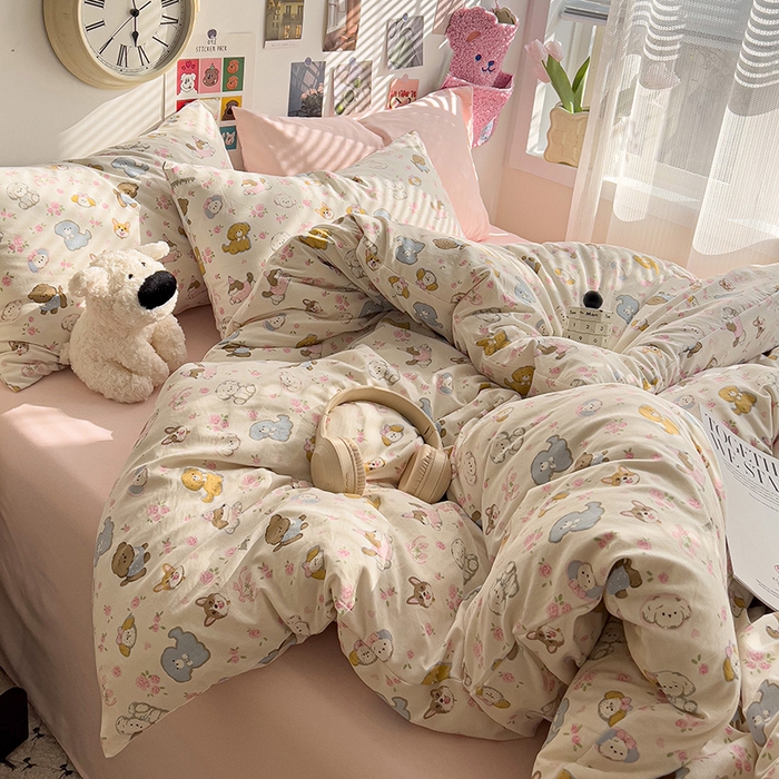 91家纺网 家纺一手货源 找家纺 韩巢家纺 2025新款水洗棉印花被套床单四件套学生宿舍床上三件套 -提供卖家秀 灰蒙小狗