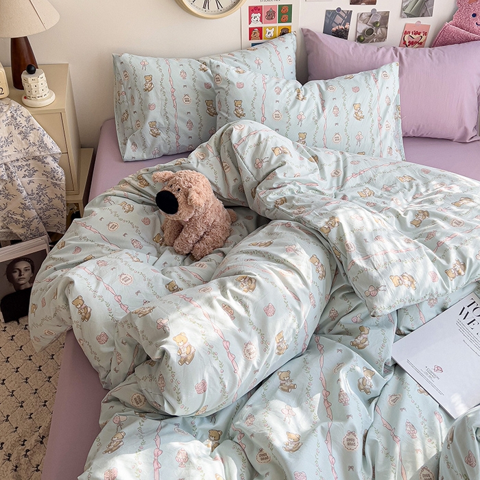 91家纺网 家纺一手货源 找家纺 韩巢家纺 2025新款水洗棉印花被套床单四件套学生宿舍床上三件套 -提供卖家秀 礼物小熊
