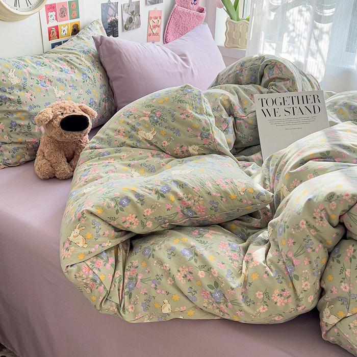 91家纺网 家纺一手货源 找家纺 韩巢家纺 2025新款水洗棉印花被套床单四件套学生宿舍床上三件套 -提供卖家秀 丝带飞飞兔