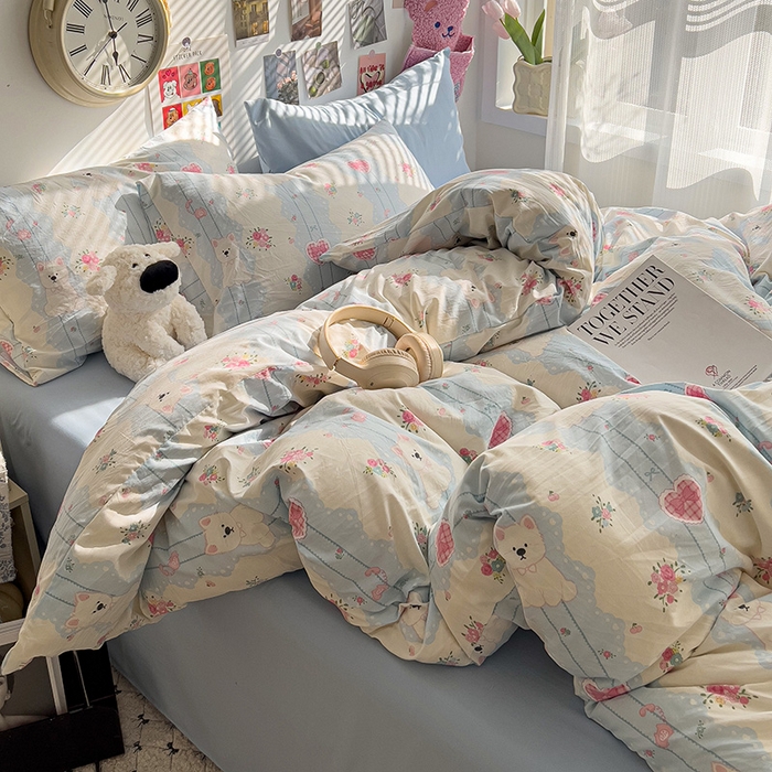 91家纺网 家纺一手货源 找家纺 韩巢家纺 2025新款水洗棉印花被套床单四件套学生宿舍床上三件套 -提供卖家秀 小懒包