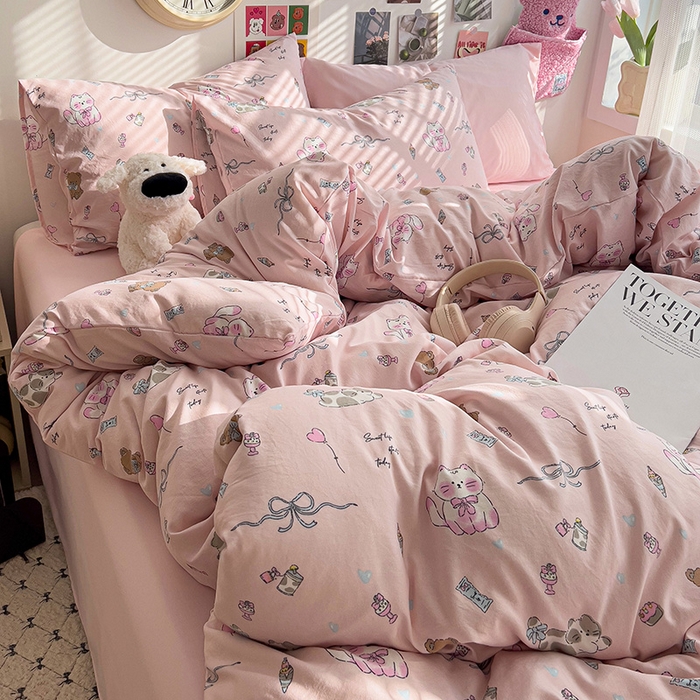 91家纺网 家纺一手货源 找家纺 韩巢家纺 2025新款水洗棉印花被套床单四件套学生宿舍床上三件套 -提供卖家秀 小猫线球