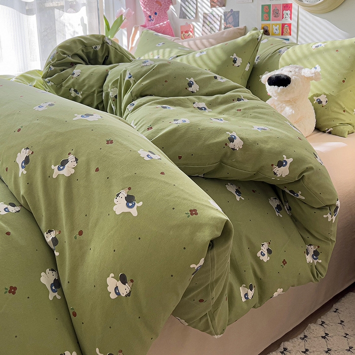 91家纺网 家纺一手货源 找家纺 韩巢家纺 2025新款水洗棉印花被套床单四件套学生宿舍床上三件套 -提供卖家秀 一只绿狗